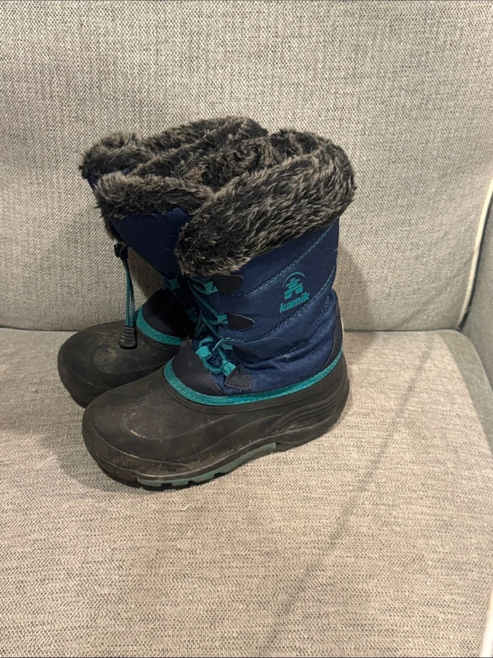 Kamik Navy Blue Kids Winter Boots with Teal Accents and Faux Fur Cuff